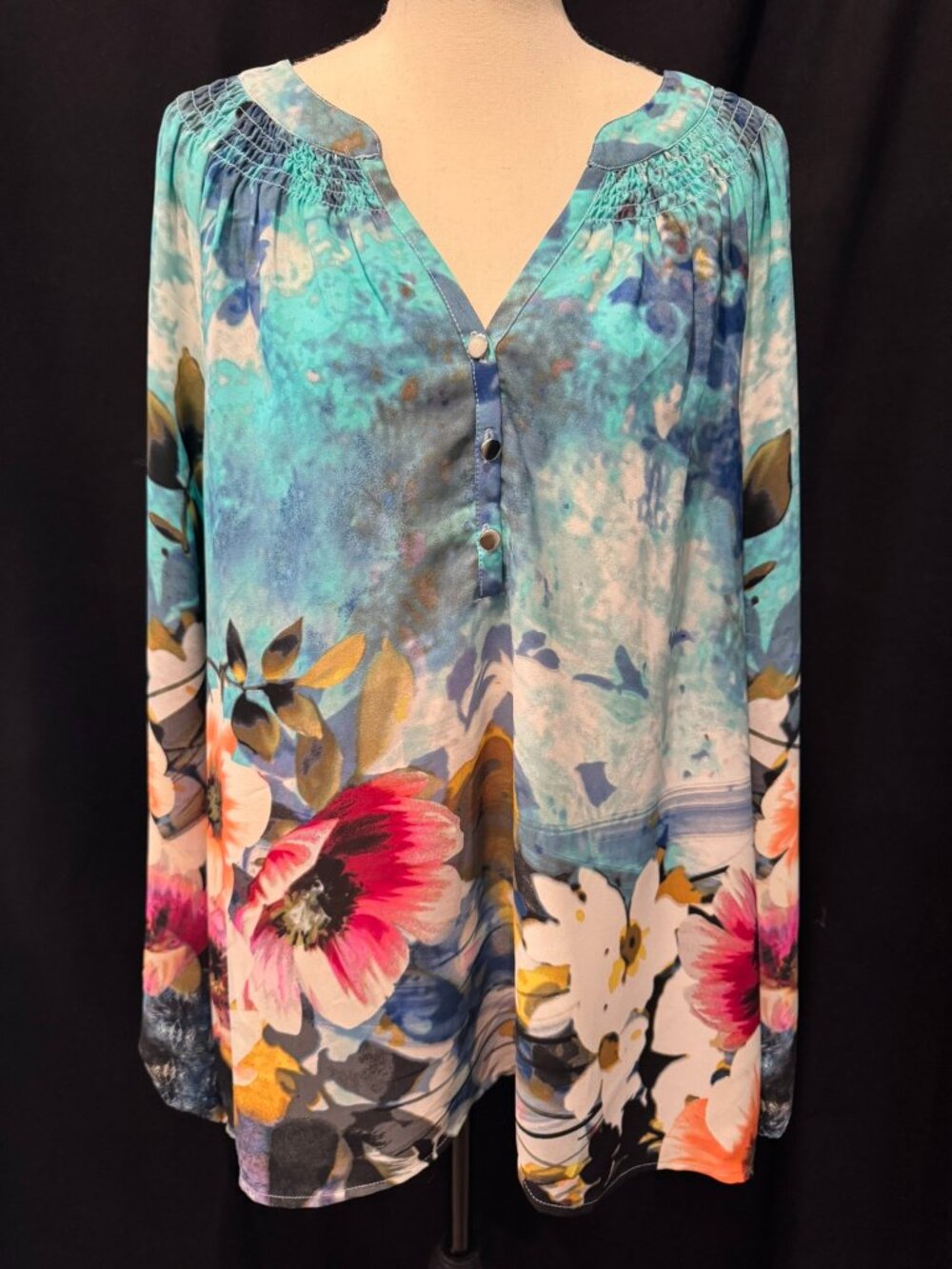 Investments Turquoise Floral-Print Blouse, Size XL